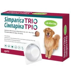 Жувальні таблетки Zoetis Симпарика Тріо проти бліх та кліщів для собак вагою від 20.1 до 40 кг, ціна за 1 таблетку (5414736055671)