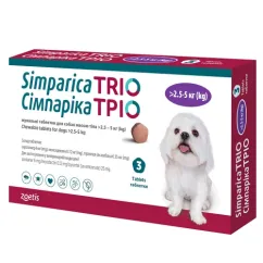 Жевательные таблетки Zoetis Симпарика Трио против блох и клещей для собак весом от 2.6 до 5 кг, цена за 1 таблетку (5414736055640)