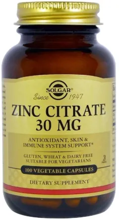 Цинк Solgar Цитрат, 30 мг, Zinc Citrate, 100 вегетарианских капсул (33984036703)