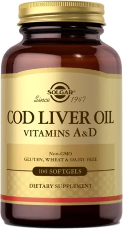 Масло Solgar печени норвежской щепы с витаминами A и D, Cod Liver Oil & Vitamins A&D, 100 желатиновых капсул (33984009400)