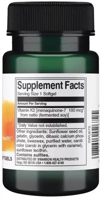 Вітамін K2 Swanson Vitamin K2 Natural 100 мкг 30 капсул (SWU672) - фото №2
