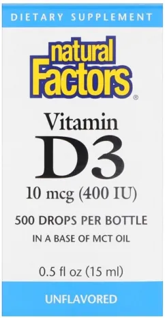 Вітаміни Natural Factors D3 в краплях без ароматизаторів Vitamin D3 Drops 400 МО 15 мл (68958010588)