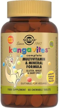 Кангавитес с мультивитаминами и минералами Solgar со вкусом тропических фруктов, 60 жевательных таблеток (353887194)