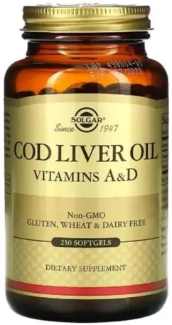 Олія Solgar печінки тріски з вітамінами A та D, Cod Liver Oil & Vitamins A&D, 250 желатинових капсул (33984009417)