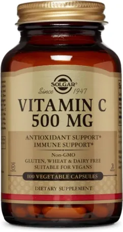 Витамин Solgar C, 500 мг, Vitamin C, 500 мг, 100 вегетарианских капсул (33984032606)