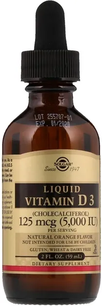 Витамин Solgar D3, Liquid Vitamin D3, 5000 МЕ, 59 мл (апельсиновый вкус) (33984320482)