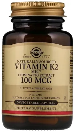Натуральный Solgar Витамин К2, Naturally Sourced Vitamin K2, 100 мкг, 50 вегетарианских капсул (33984036031)