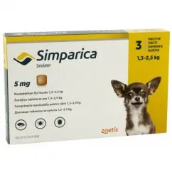 Таблетки Zoetis Симпарика от блох и клещей для собак от 1.3 до 2.5 кг, 5 мг №3 (4670025270021)