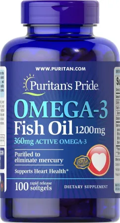 Жирні кислоти Puritan's Pride Omega-3 Fish Oil 1200 мг 360 мг Active Omega-3 100 капсул (23453)