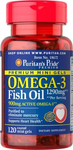 Жирные кислоты Puritan's Pride Omega-3 Fish Oil 1290 мг Mini Gels 900 мг Active Omega-3 120 капсул (10851)