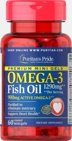 Жирні кислоти Puritan's Pride Omega-3 Fish Oil 1290 мг Mini Gels 900 мг Active Omega-3 60 капсул (10740)