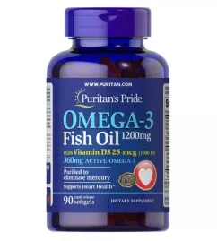 Жирні кислоти Puritan's Pride Omega-3 Fish Oil 1200 мг plus Vitamin D3 1000IU 90 капсул (13190)