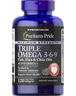 Жирні кислоти Puritan's Pride Maximum Strenght Triple Omega 3-6-9 Fish Flax and chia Oils 120 капсул (100-59-2111594-20)