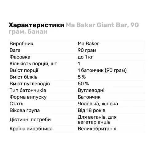 Батончик Ма Бейкер Giant Bar 90 г 1/20 Банан (5034444101134) - фото №2