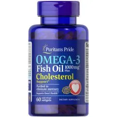 Жирні кислоти Puritan's Pride Omega 3 Fish Oil 1000 мг Plus Cholesterol Support 60 капсул (0025077556342)