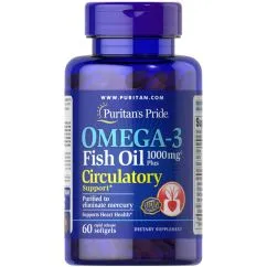 Жирні кислоти Puritan's Pride Omega 3 Fish Oil 1000 мг Plus Circulatory Support 60 капсул (CN2374)