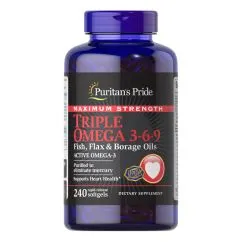 Жирні кислоти Puritan's Pride Triple Omega 3-6-9 Fish Flax & Borage Oils Maximum Strength 240 капсул.