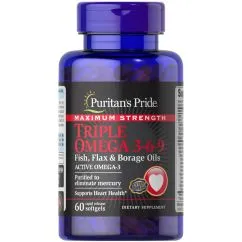 Жирные кислоты Puritan's Pride Triple Omega 3-6-9 Fish Flax & Borage Oils Maximum Strength 60 капсул (CN2376)