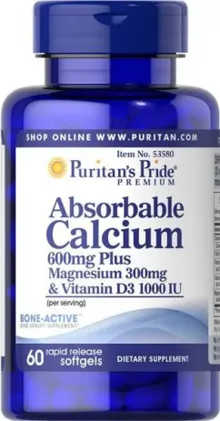Минералы Puritan's Pride Absorbable Calcium (600мг) plus Magnesium (300мг) 60 софт гель (25077567355)