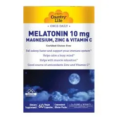 Натуральна добавка Country Life Melatonin 10 мг Magnesium Zinc & Vitamin C 60 вегакапсул (015794017134)