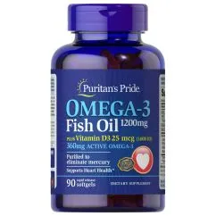 Жирні кислоти Puritan's Pride Omega 3 Fish Oil 1200 мг plus Vitamin D3 90 капсул (0025077194056)