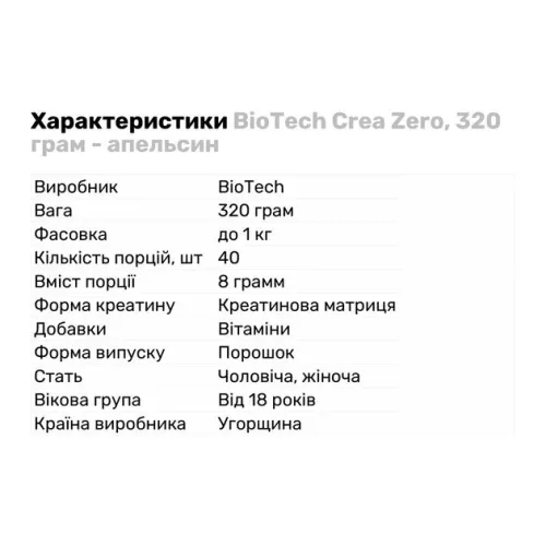 Креатин Biotech Crea Zero 320 г апельсин (5999076252329) - фото №2