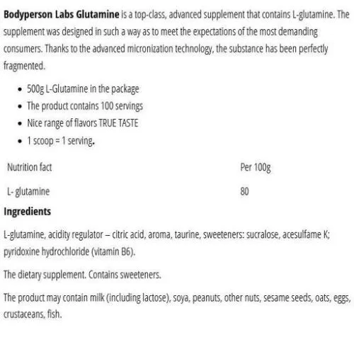 Амінокислота Bodyperson Labs Glutamine 500 г Tropical (100-82-9422397-20) - фото №2