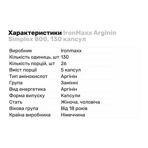 Аргінін IronMaxx Arginin Simplex 800 130 капсул (4260196290753) - фото №2