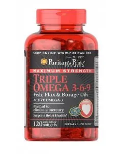 Жирні кислоти Puritan's Pride Maximum Strenght Triple Omega 3 6 9 Fish Flax Borage Oils 120 капсул (9036)