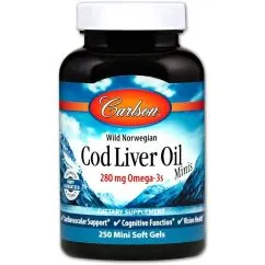 Вітаміни та мінерали Carlson Labs Cod Liver Oil 280 mg Omega-3s + 10 mcg D3 Minis wild norwegian 250 mini soft gels (088395013126)