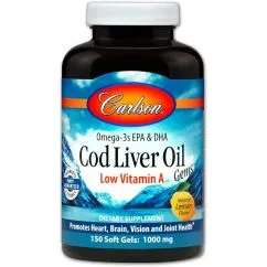 Вітаміни та мінерали Carlson Labs Cod Liver Oil Low Vitamin A 230 mg Omega-3s wild norwegian 150 soft gels (088395013911)