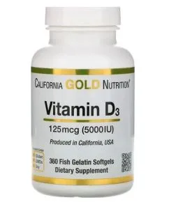 Витамины и минералы California Gold Nutrition Vitamin D3 125 mcg (5,000 IU) 360 fish gelatin softgels (898220010660)