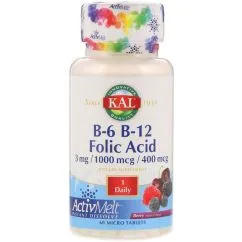 Вітаміни та мінерали KAL B-6 3 mg B-12 1000 mcg Folic Acid 680 mcg 60 micro tablets (021245651857)