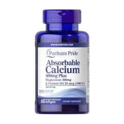 Витамины и минералы Puritan's Pride Absorbable Calcium 600 mg Plus Magnesium 300 mg & Vitamin D3 25 mcg 60 softgels (19237-01)
